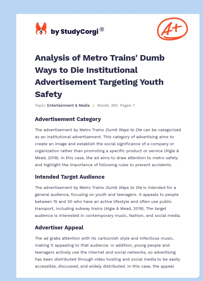 Analysis of Metro Trains' Dumb Ways to Die Institutional Advertisement Targeting Youth Safety. Page 1