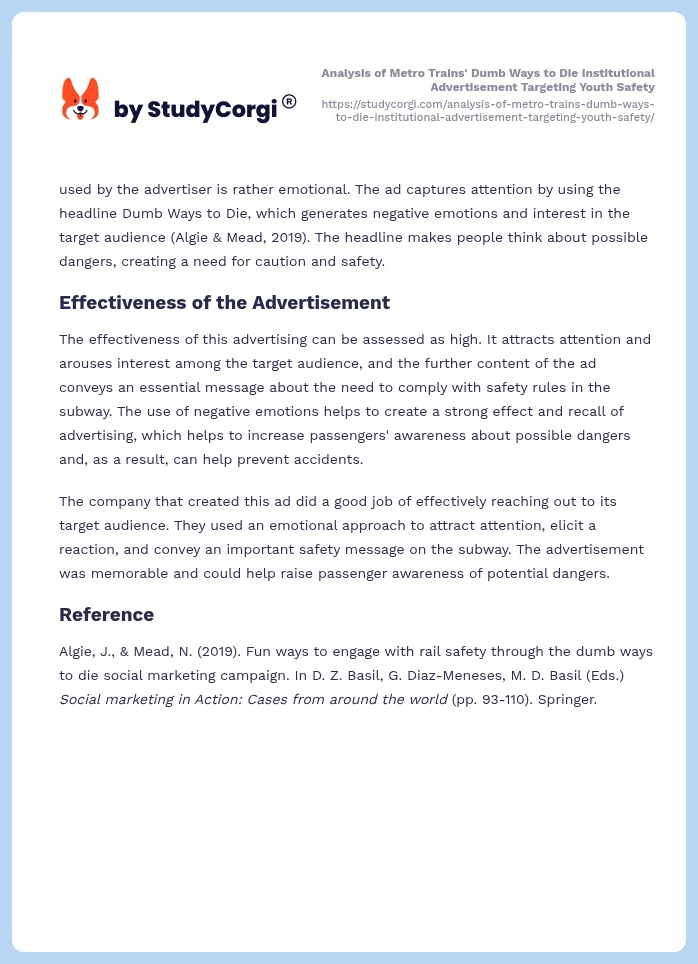 Analysis of Metro Trains' Dumb Ways to Die Institutional Advertisement Targeting Youth Safety. Page 2