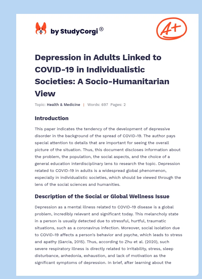 Depression in Adults Linked to COVID-19 in Individualistic Societies: A Socio-Humanitarian View. Page 1