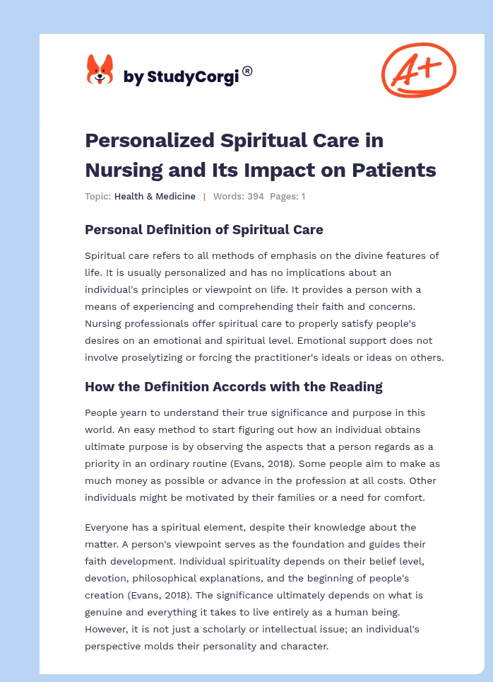 Personalized Spiritual Care in Nursing and Its Impact on Patients. Page 1