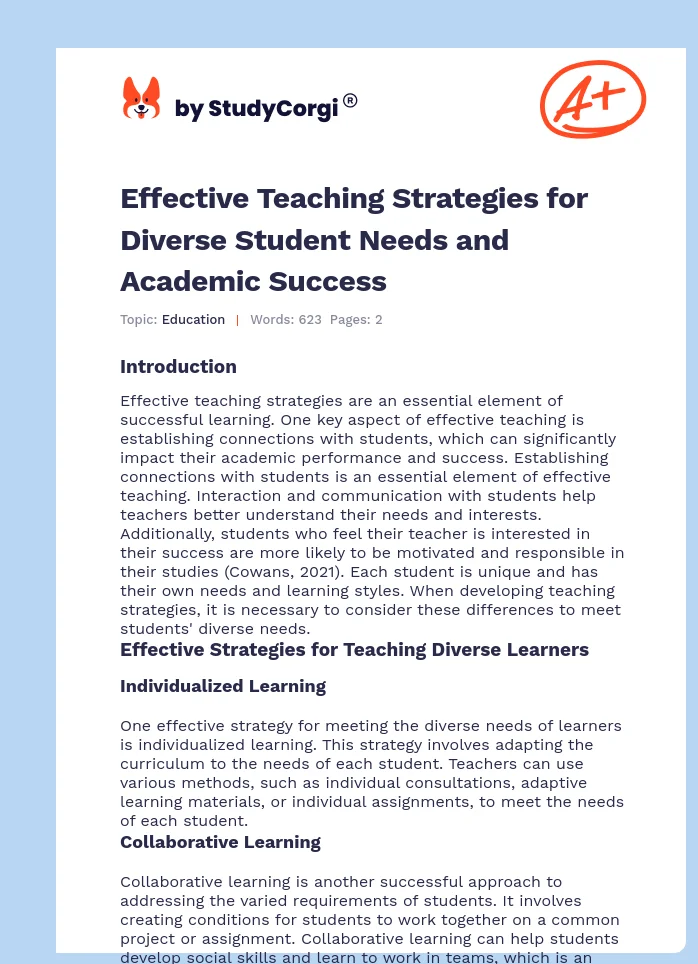 Effective Teaching Strategies for Diverse Student Needs and Academic Success. Page 1