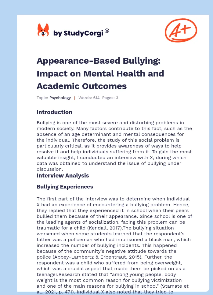 Appearance-Based Bullying: Impact on Mental Health and Academic Outcomes. Page 1