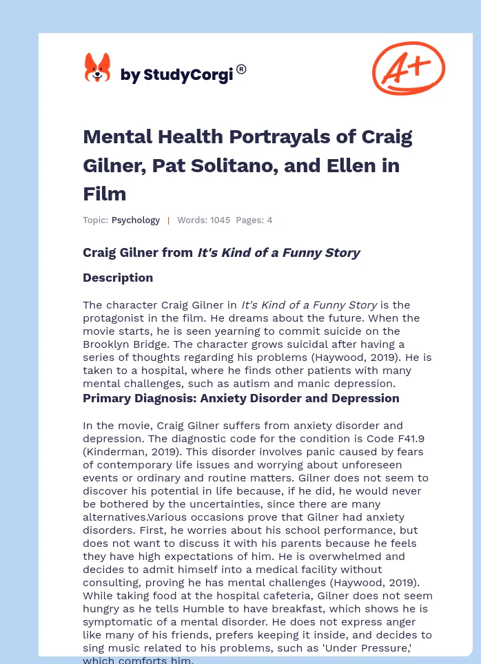 Mental Health Portrayals of Craig Gilner, Pat Solitano, and Ellen in Film. Page 1