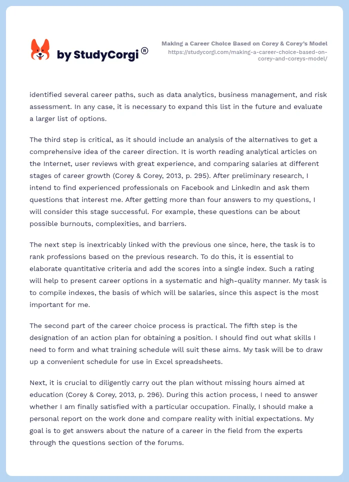 Making a Career Choice Based on Corey & Corey’s Model. Page 2