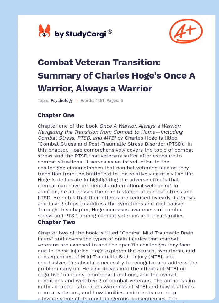 Combat Veteran Transition: Summary of Charles Hoge's Once A Warrior, Always a Warrior. Page 1