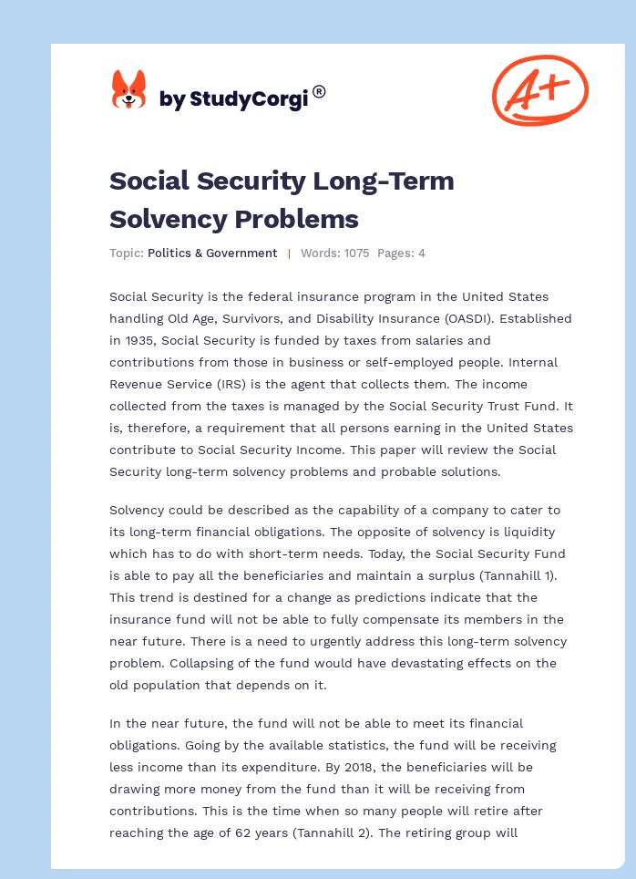Social Security Long-Term Solvency Problems. Page 1