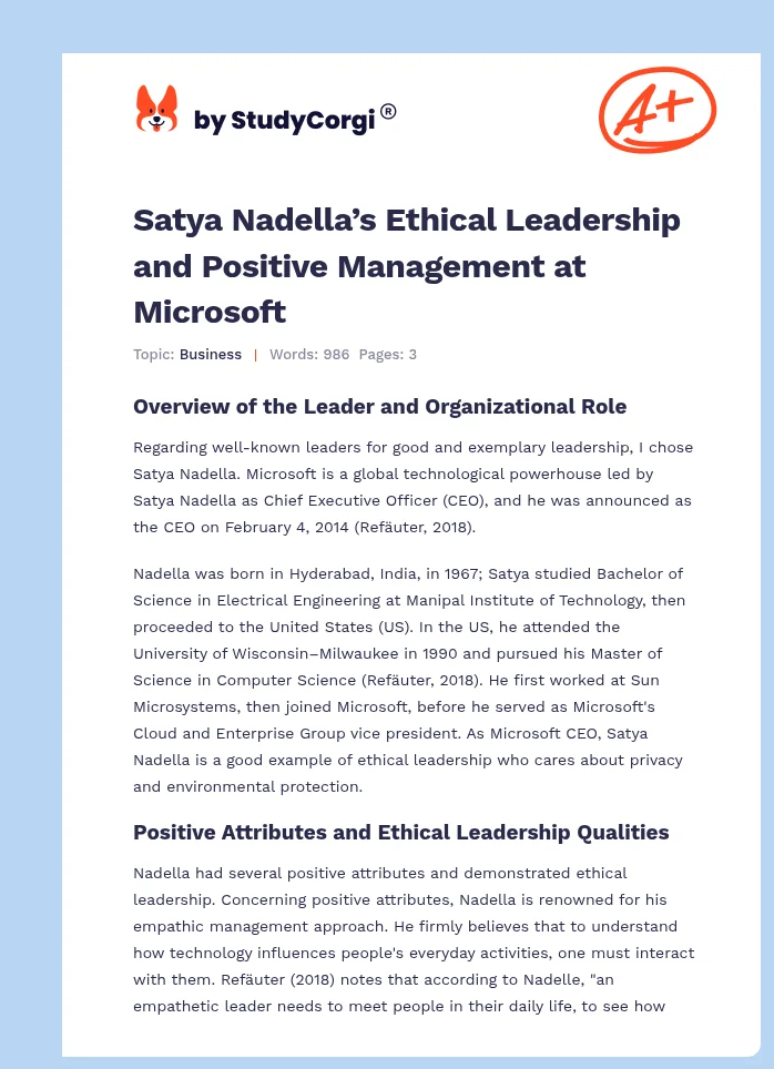 Satya Nadella’s Ethical Leadership and Positive Management at Microsoft. Page 1