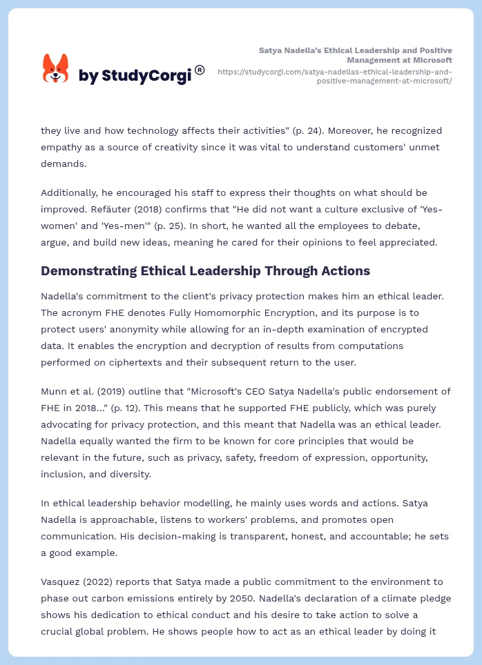 Satya Nadella’s Ethical Leadership and Positive Management at Microsoft. Page 2