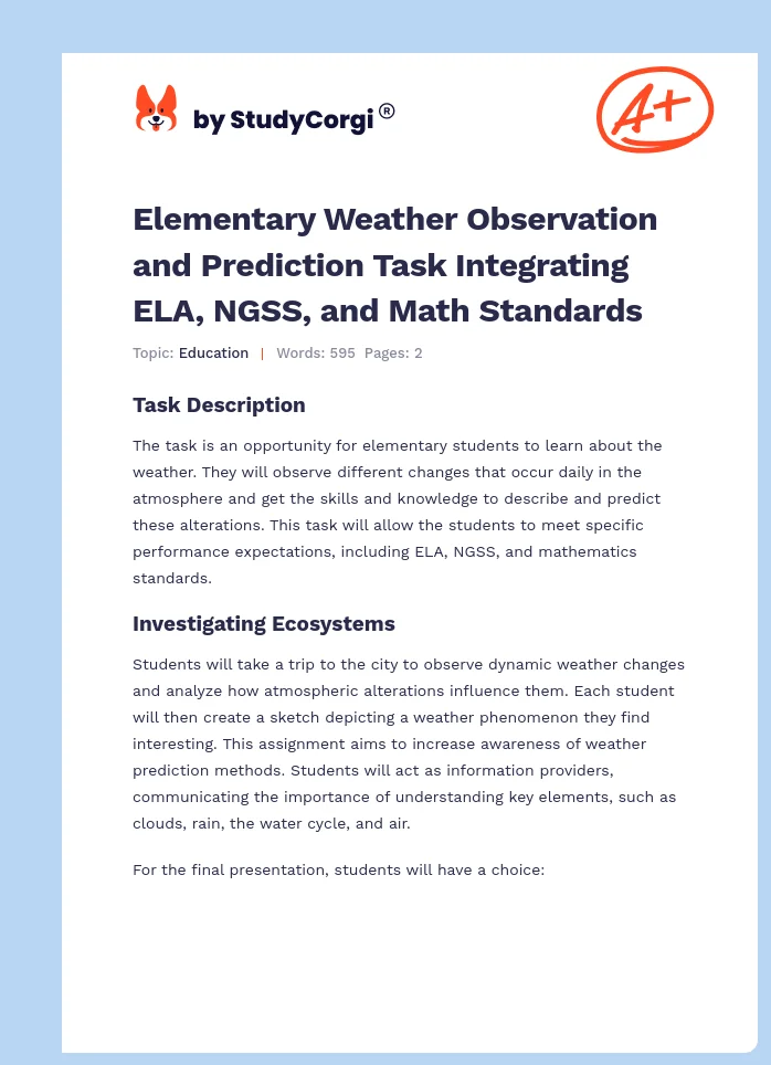 Elementary Weather Observation and Prediction Task Integrating ELA, NGSS, and Math Standards. Page 1
