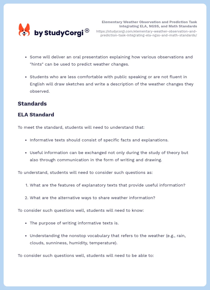 Elementary Weather Observation and Prediction Task Integrating ELA, NGSS, and Math Standards. Page 2