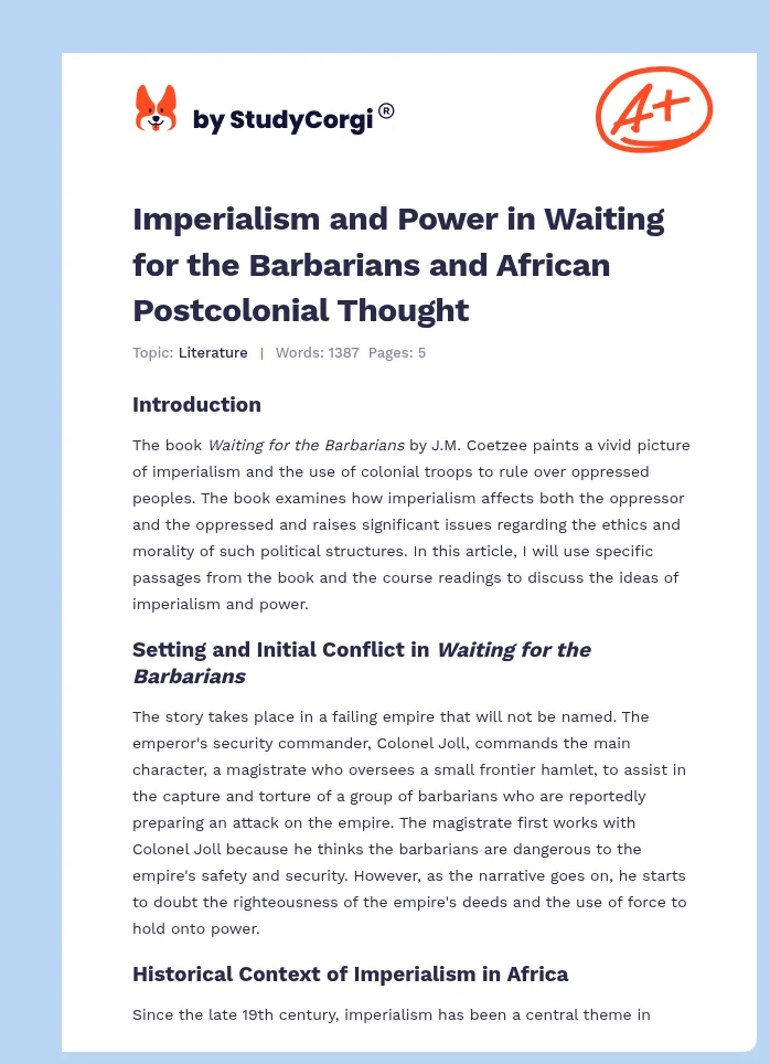 Imperialism and Power in Waiting for the Barbarians and African Postcolonial Thought. Page 1