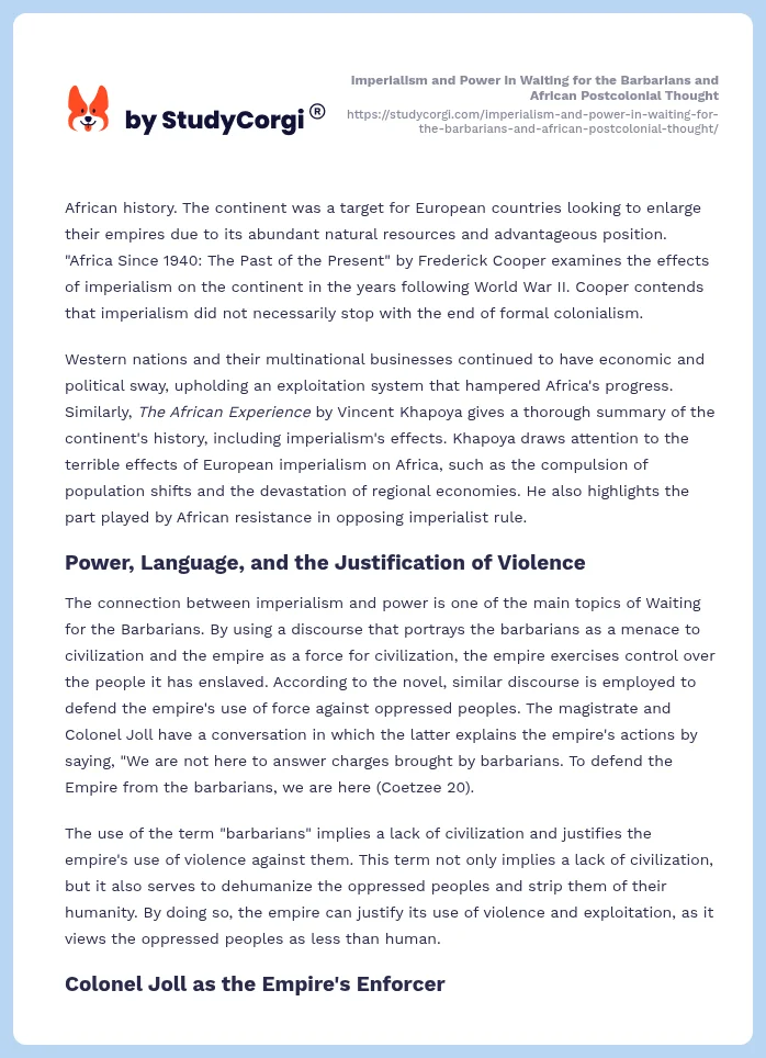 Imperialism and Power in Waiting for the Barbarians and African Postcolonial Thought. Page 2