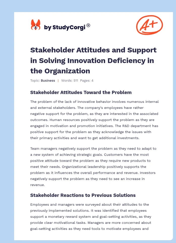 Stakeholder Attitudes and Support in Solving Innovation Deficiency in the Organization. Page 1