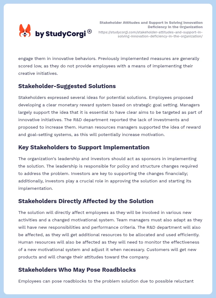 Stakeholder Attitudes and Support in Solving Innovation Deficiency in the Organization. Page 2