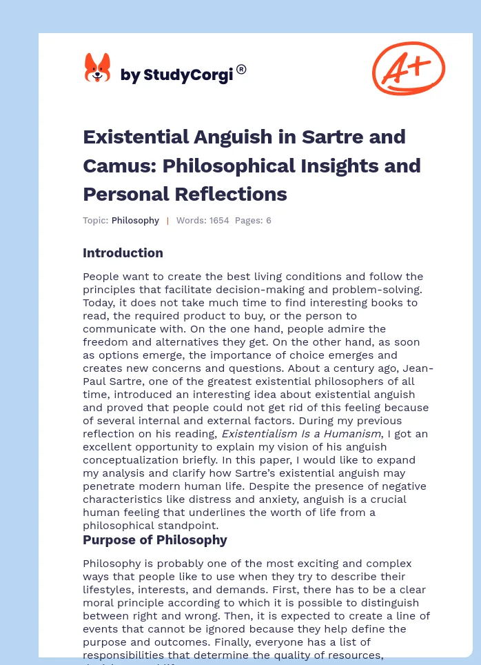 Existential Anguish in Sartre and Camus: Philosophical Insights and Personal Reflections. Page 1