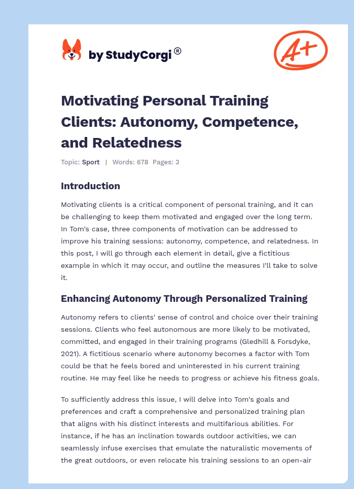 Motivating Personal Training Clients: Autonomy, Competence, and Relatedness. Page 1