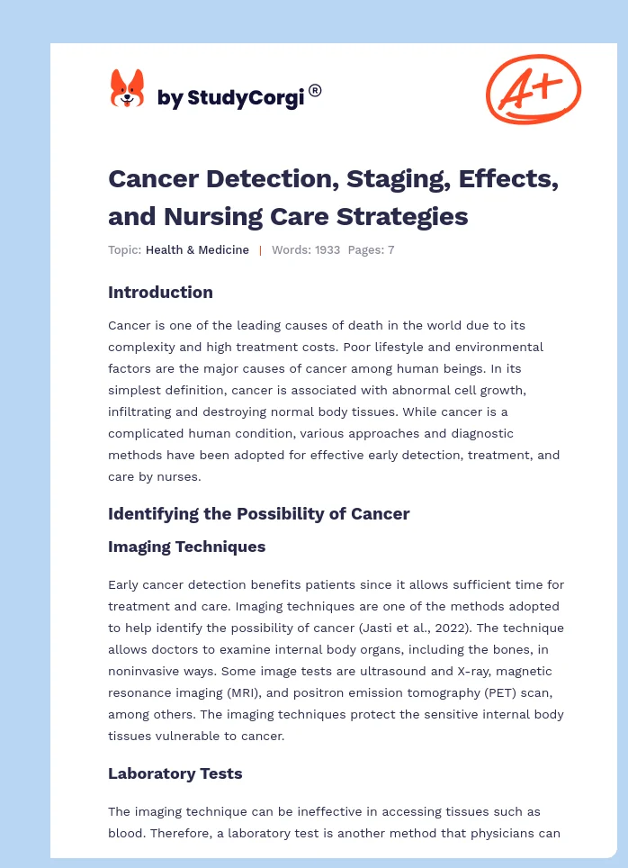 Cancer Detection, Staging, Effects, and Nursing Care Strategies. Page 1