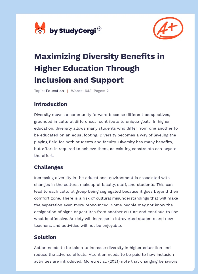 Maximizing Diversity Benefits in Higher Education Through Inclusion and Support. Page 1