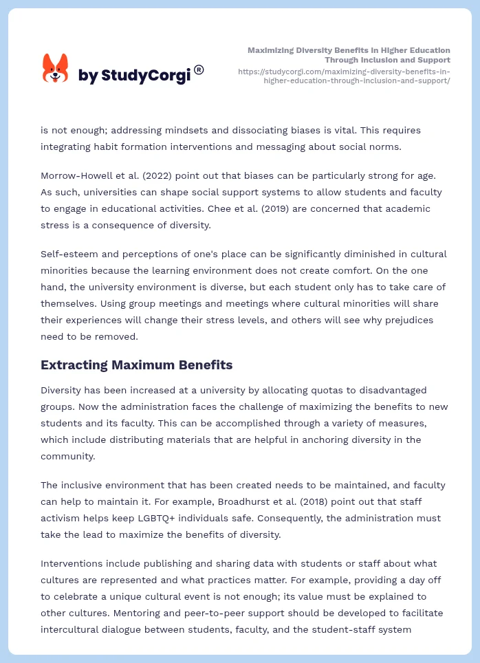 Maximizing Diversity Benefits in Higher Education Through Inclusion and Support. Page 2