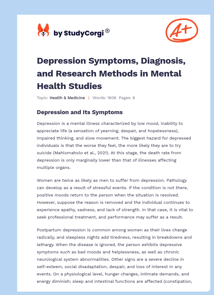 Depression Symptoms, Diagnosis, and Research Methods in Mental Health Studies. Page 1