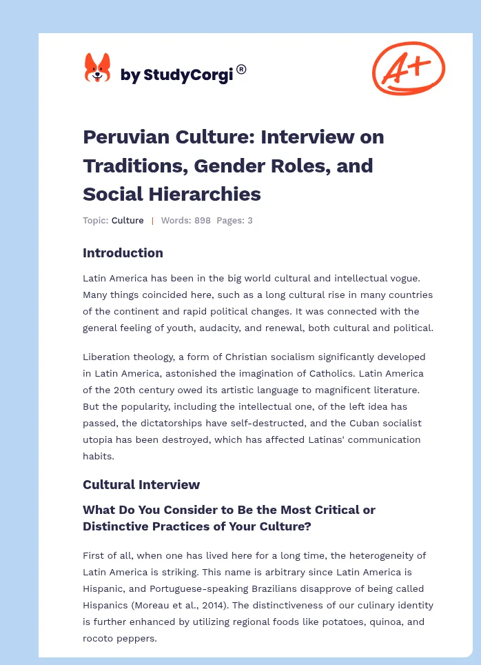 Peruvian Culture: Interview on Traditions, Gender Roles, and Social Hierarchies. Page 1
