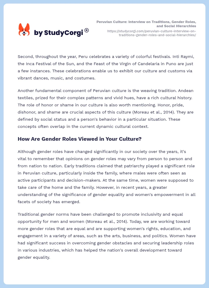 Peruvian Culture: Interview on Traditions, Gender Roles, and Social Hierarchies. Page 2