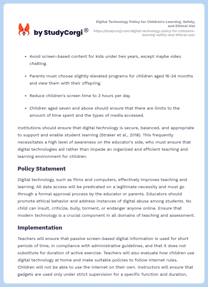 Digital Technology Policy for Children’s Learning, Safety, and Ethical Use. Page 2