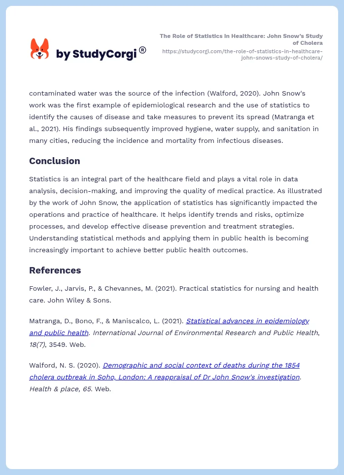The Role of Statistics in Healthcare: John Snow’s Study of Cholera. Page 2