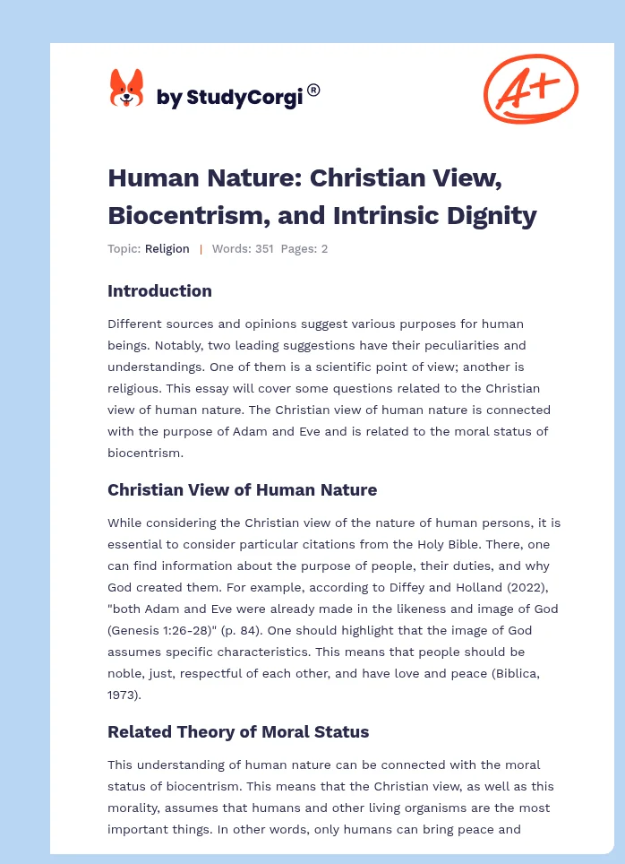 Human Nature: Christian View, Biocentrism, and Intrinsic Dignity. Page 1