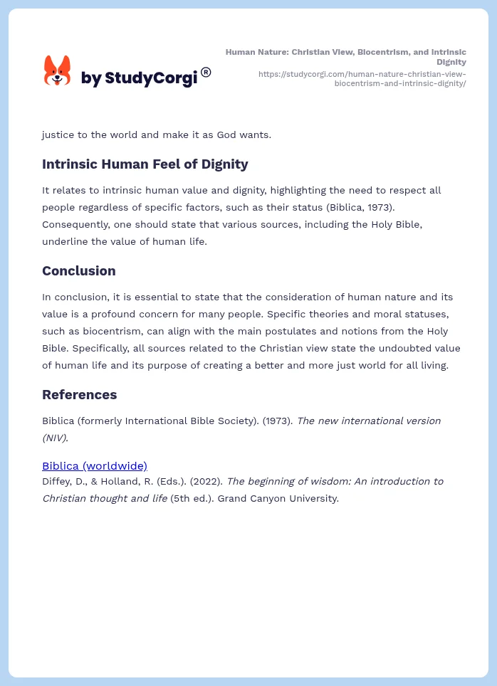Human Nature: Christian View, Biocentrism, and Intrinsic Dignity. Page 2