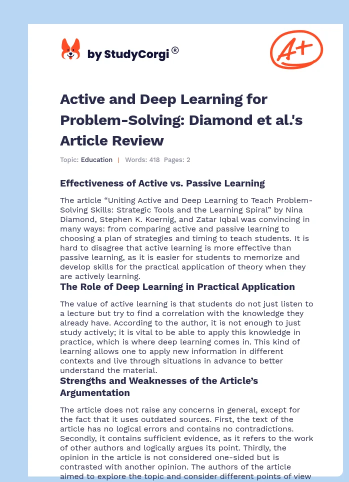 Active and Deep Learning for Problem-Solving: Diamond et al.'s Article Review. Page 1