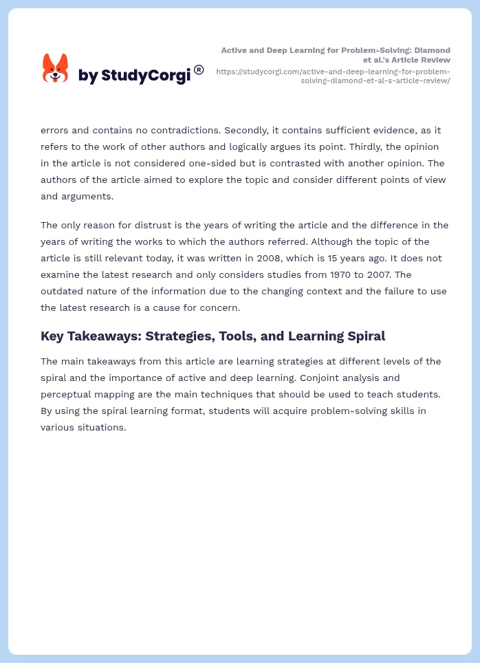 Active and Deep Learning for Problem-Solving: Diamond et al.'s Article Review. Page 2