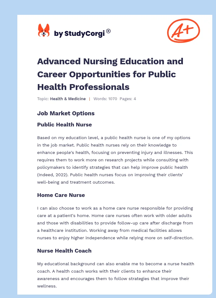 Advanced Nursing Education and Career Opportunities for Public Health Professionals. Page 1