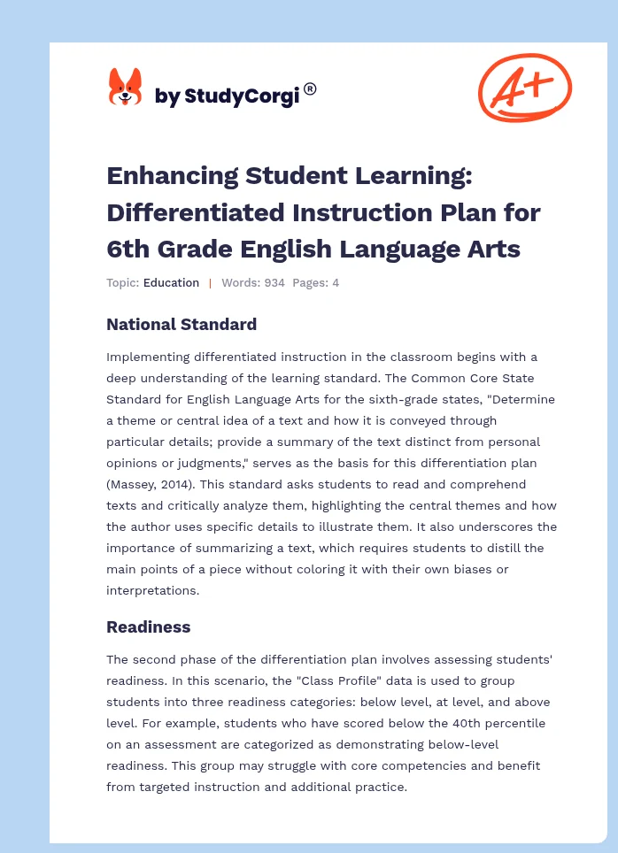 Enhancing Student Learning: Differentiated Instruction Plan for 6th Grade English Language Arts. Page 1