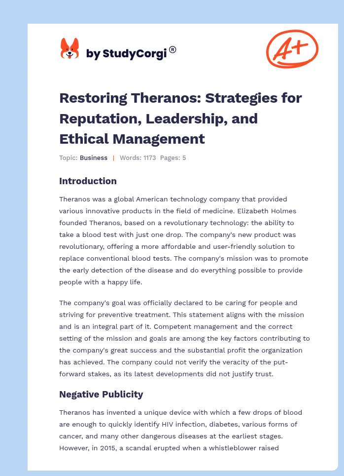 Restoring Theranos: Strategies for Reputation, Leadership, and Ethical Management. Page 1