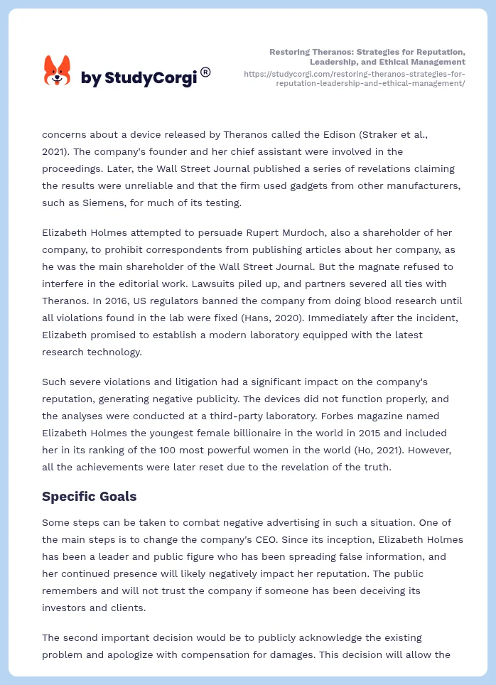 Restoring Theranos: Strategies for Reputation, Leadership, and Ethical Management. Page 2