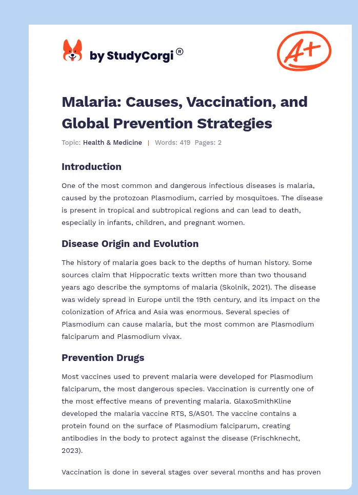 Malaria: Causes, Vaccination, and Global Prevention Strategies. Page 1