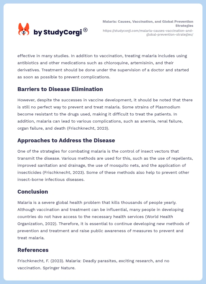 Malaria: Causes, Vaccination, and Global Prevention Strategies. Page 2