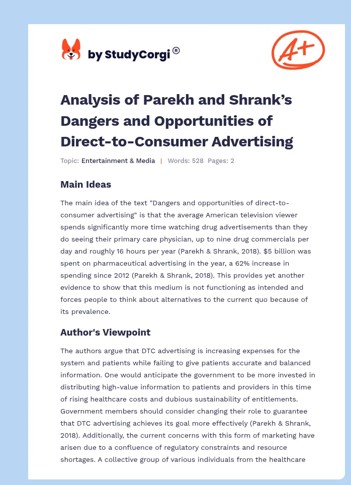 Analysis of Parekh and Shrank’s Dangers and Opportunities of Direct-to-Consumer Advertising. Page 1