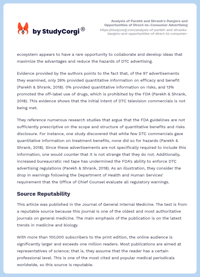 Analysis of Parekh and Shrank’s Dangers and Opportunities of Direct-to-Consumer Advertising. Page 2