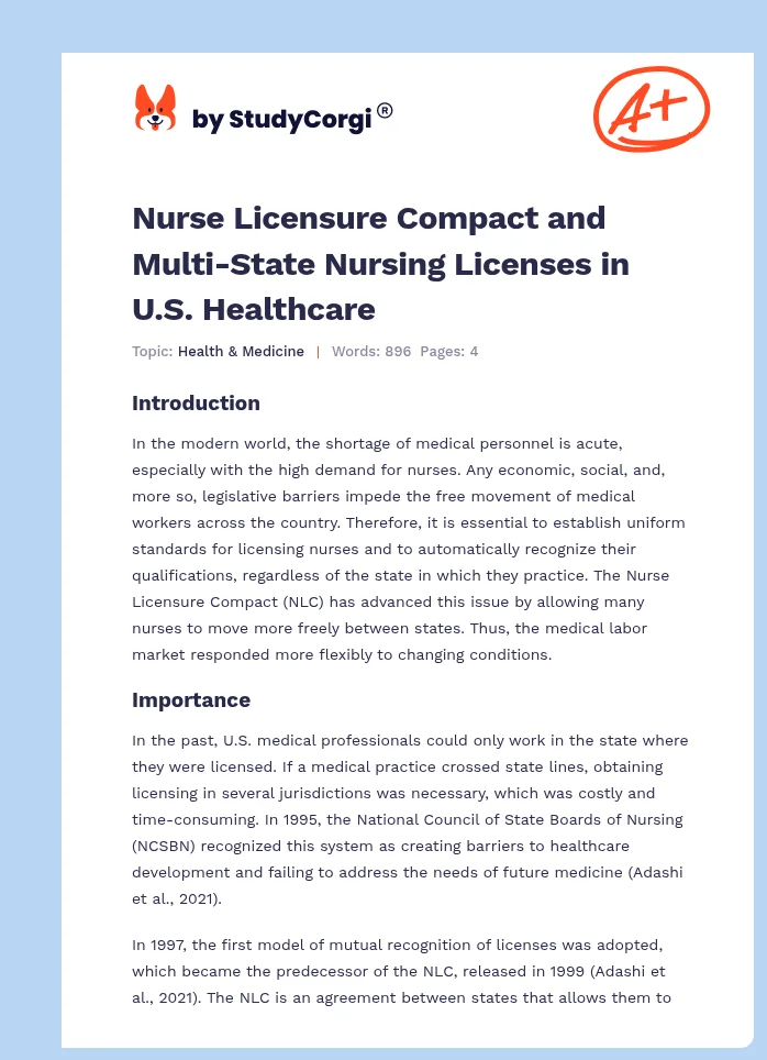Nurse Licensure Compact and Multi-State Nursing Licenses in U.S. Healthcare. Page 1