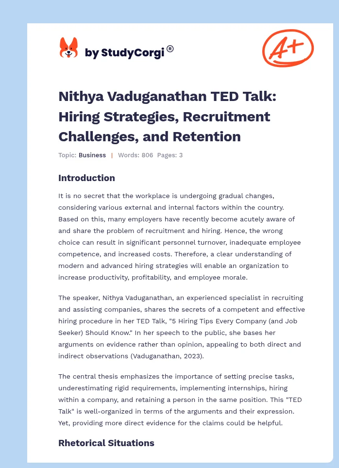Nithya Vaduganathan TED Talk: Hiring Strategies, Recruitment Challenges, and Retention. Page 1
