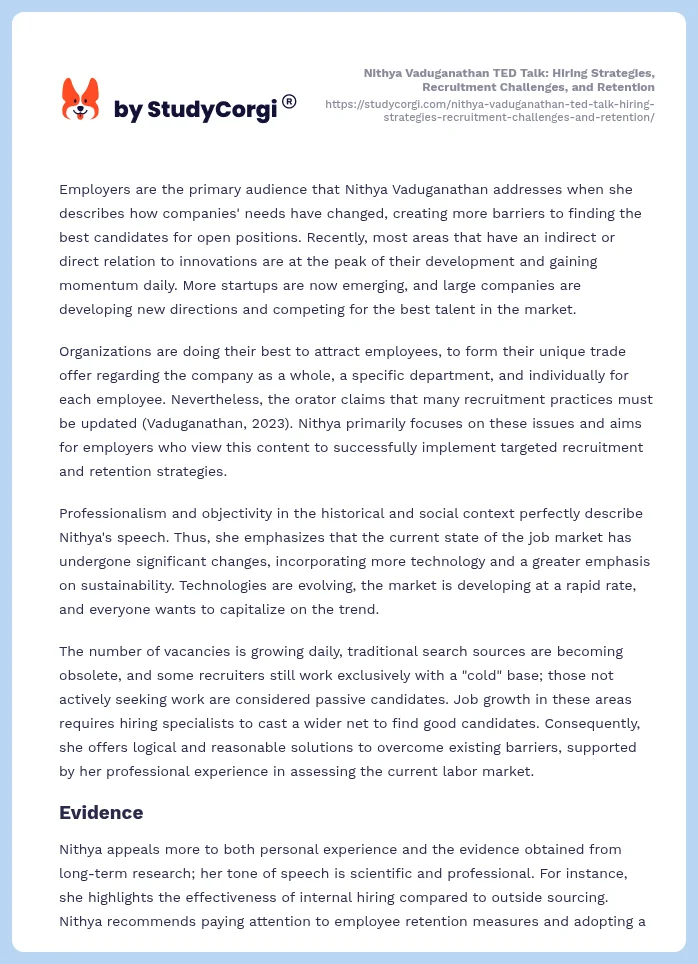 Nithya Vaduganathan TED Talk: Hiring Strategies, Recruitment Challenges, and Retention. Page 2