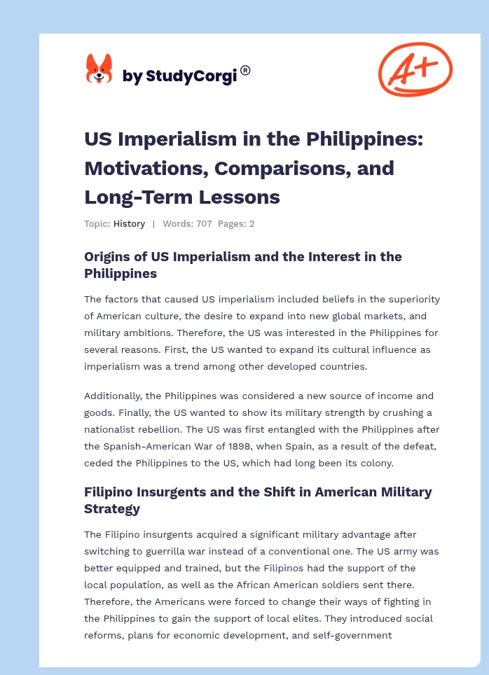 US Imperialism in the Philippines: Motivations, Comparisons, and Long-Term Lessons. Page 1
