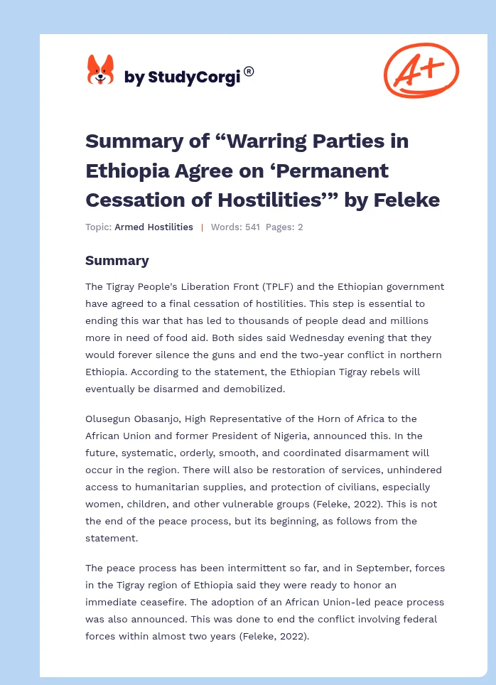 Summary of “Warring Parties in Ethiopia Agree on ‘Permanent Cessation of Hostilities’” by Feleke. Page 1