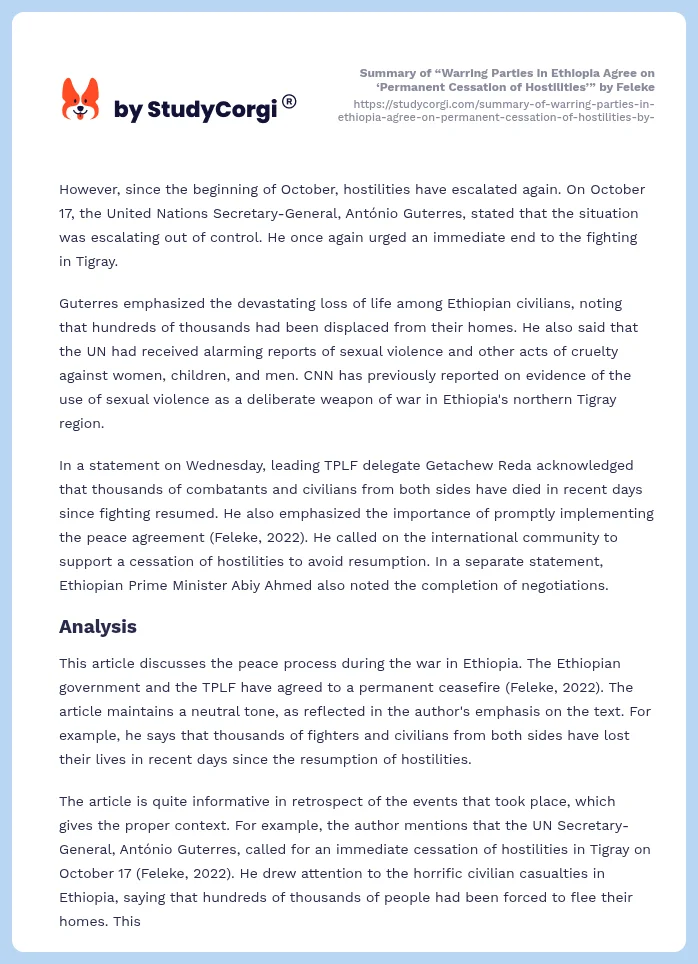 Summary of “Warring Parties in Ethiopia Agree on ‘Permanent Cessation of Hostilities’” by Feleke. Page 2