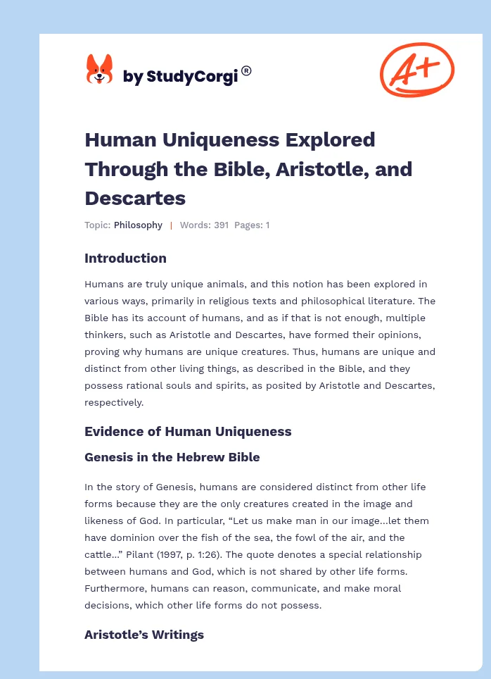 Human Uniqueness Explored Through the Bible, Aristotle, and Descartes. Page 1