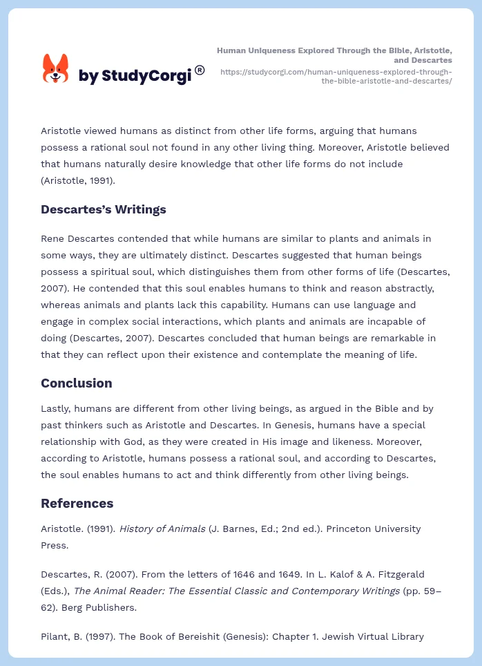 Human Uniqueness Explored Through the Bible, Aristotle, and Descartes. Page 2