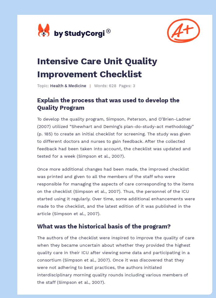 Intensive Care Unit Quality Improvement Checklist. Page 1