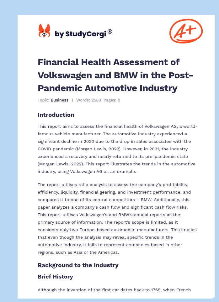 Financial Health Assessment of Volkswagen and BMW in the Post-Pandemic Automotive Industry. Page 1